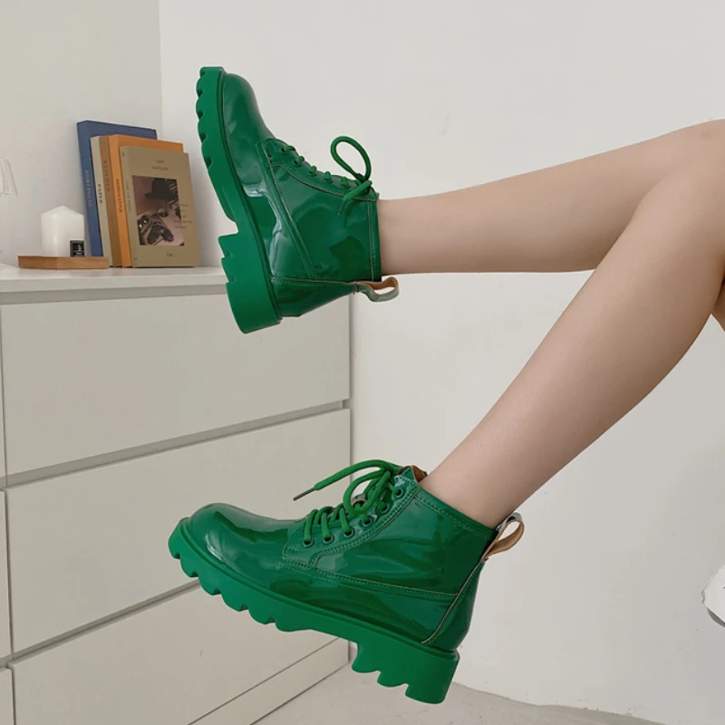 Lace Up Boots Women Round Toe Thick Sole Platform Shoes of Woman Fashion Green Ankle 2023 Pumps Square Heel Platform Boots New
