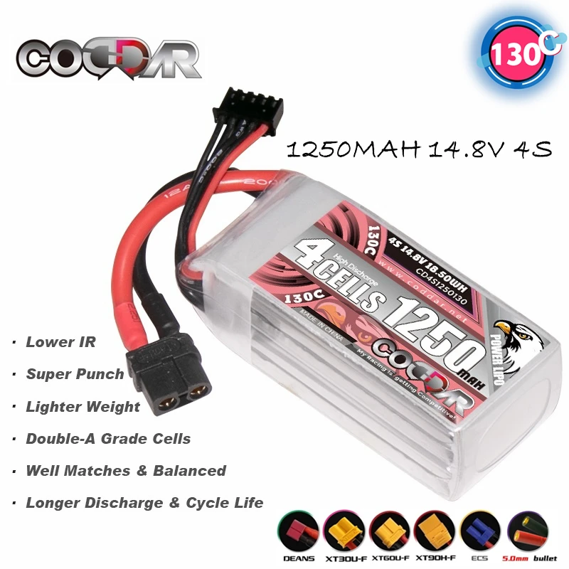 

CODDAR Lipo Battery 4S 14.8V 1250mAh 130C With XT60 XT30 Connect For RC FPV Airplane Drones Quadcopter Helicopter Spare Parts