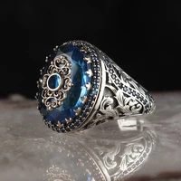 retro handmade turkish signet ring for men women ancient silver color carved ring inlaid blue zircon party punk motor biker ring