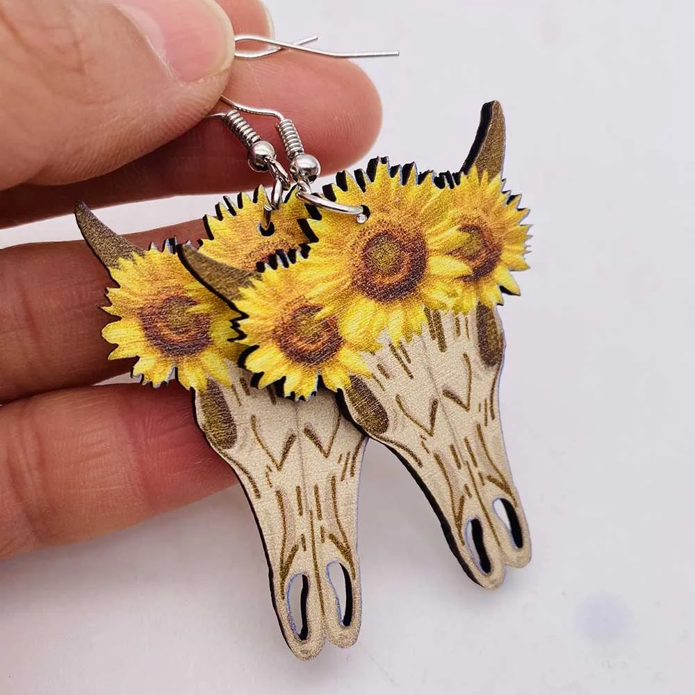 

CUTE COW SUNFLOWER Dangle Wood Engraved Hand Painted Earrings Country Cowgirl Boots Boho Flower Texas Sunflower Earrings Teardro