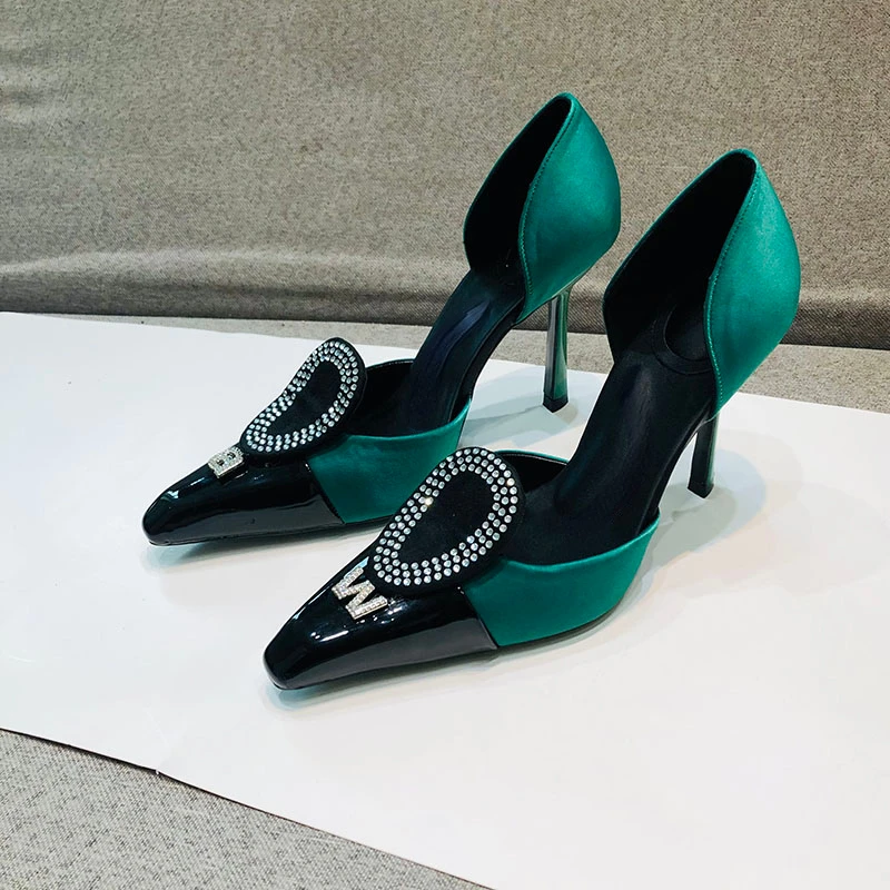 Women's Hollow Sandals 2023 Spring and Autumn New Color Block Letter Water Diamond Small Square Head High Heel Banquet Shoes