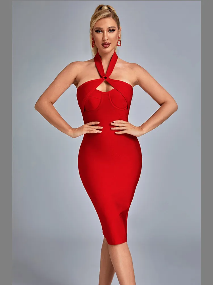 

Red Color Women Sexy Halter Bodycon Midi Dress Rayon Bandage Off the Shoulder Celebrate Birthday Party Dress Vestido