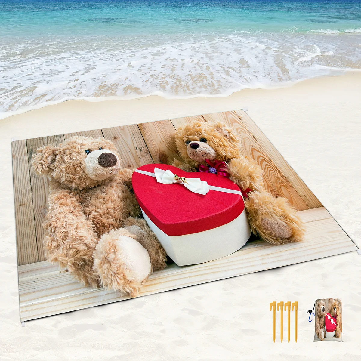 

Sandproof Beach Blankets,Love Teddy Bear Beach Mat Waterproof Quick Drying Lightweight Picnic Mat with Pocket for Travel,Hiking
