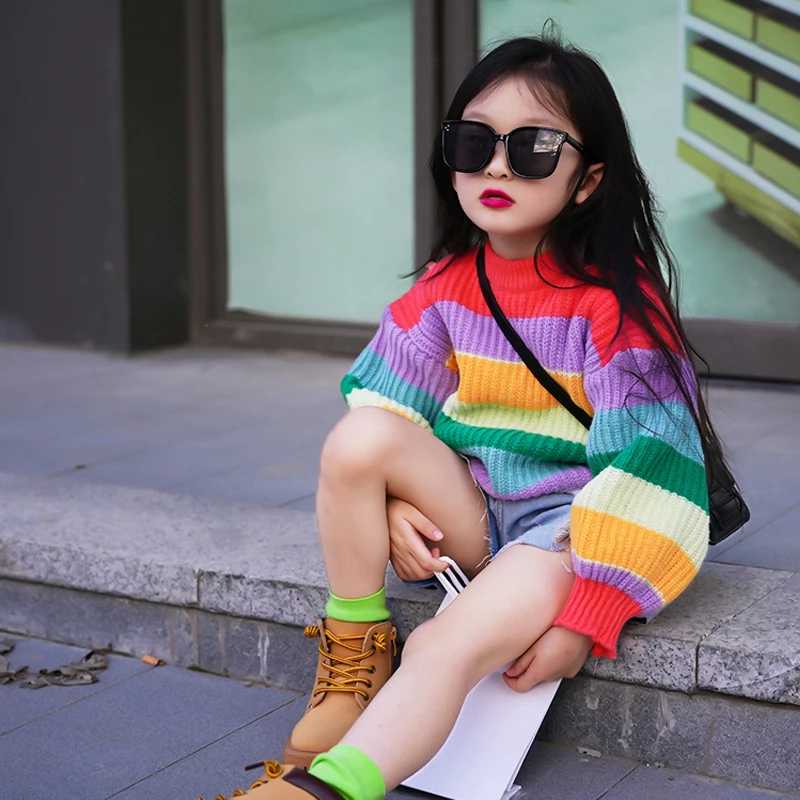 

Spring Autumn Girls Sweater Baby Knitwear Kids Tops Children Pullover Clothes Fashion Rainbow Color Rib Knit Striped 4-13Y