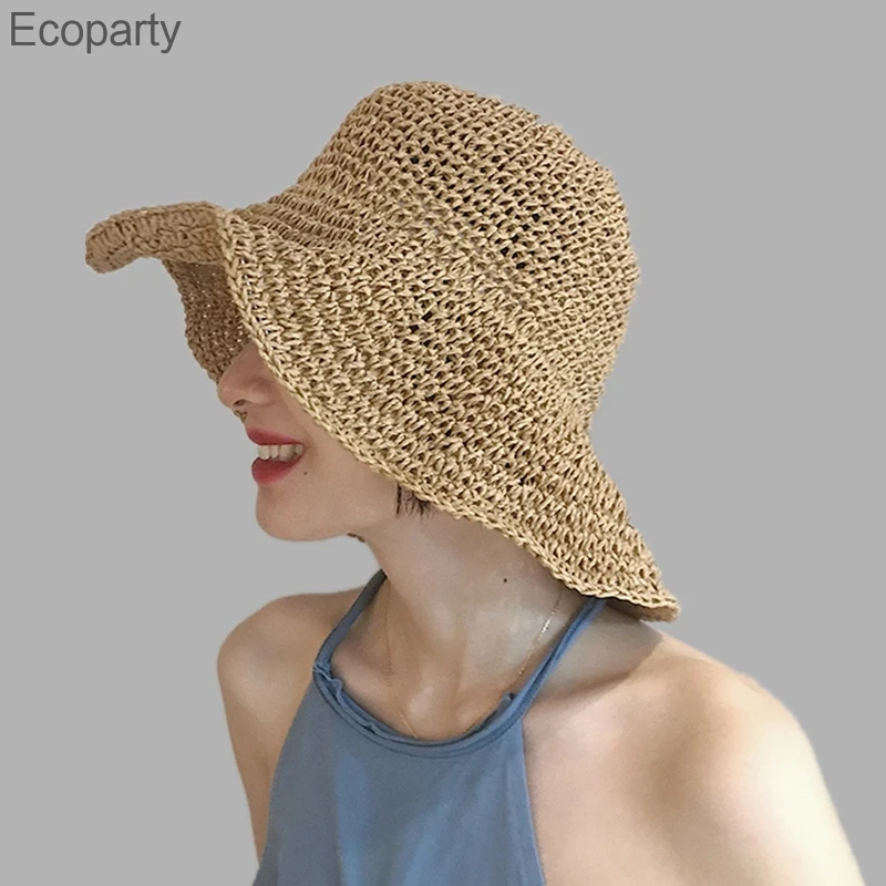 

Шляпа от солнца из рафии для девушек, Пляжная Соломенная Панама с широкими полями, с оттенком, Корейская версия