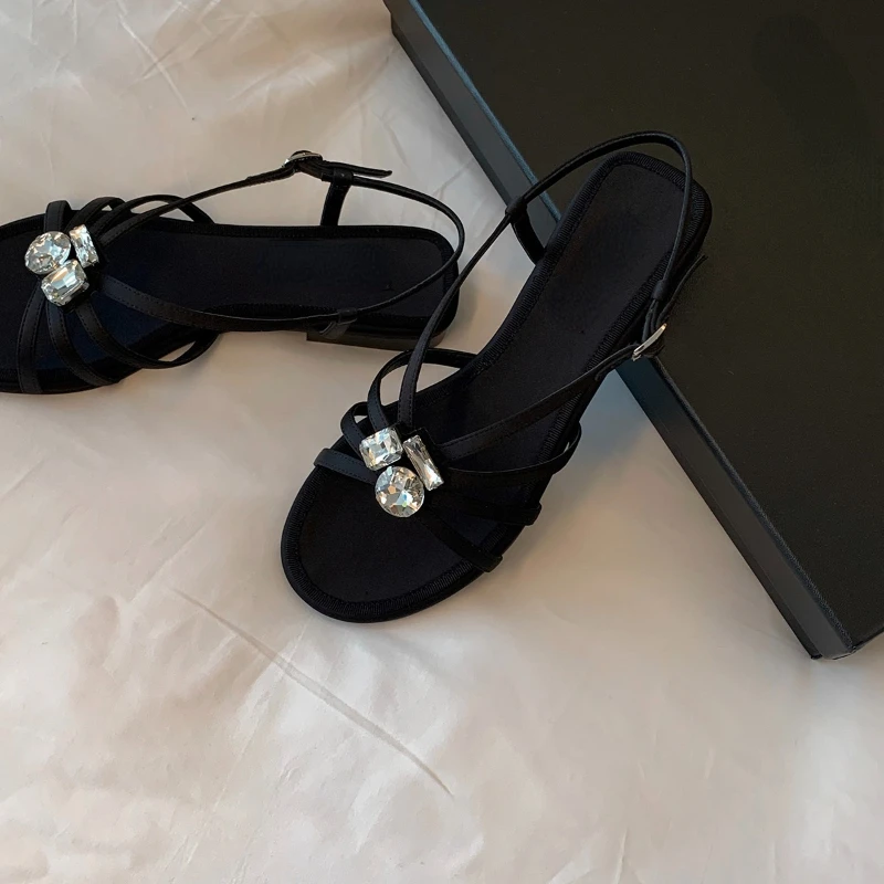 

Elegant Gem Buckle Thin Strap Flat Sandals for Women Summer