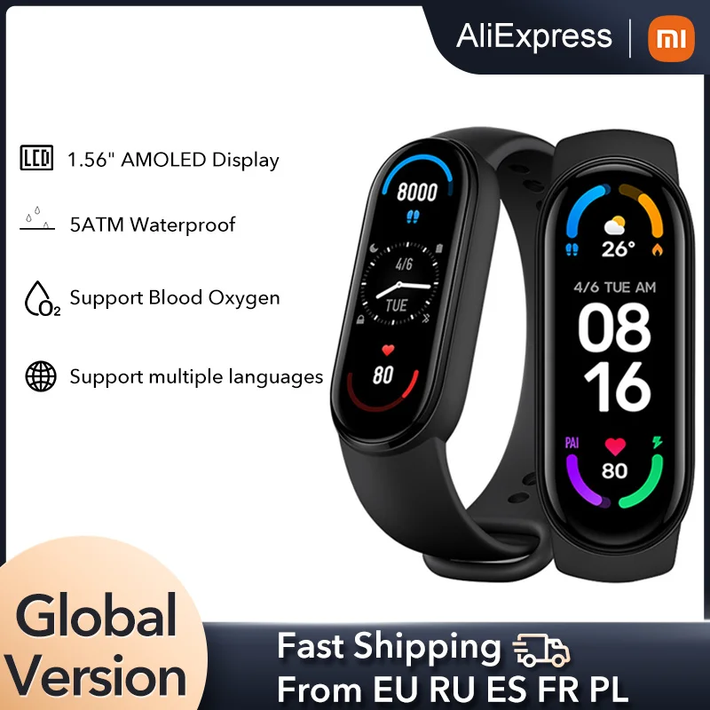 

Global Version Xiaomi Mi Band 6 Smart Bracelet 1.56"AMOLED Screen miBand 6 Heart Rate Fitness Traker Bluetooth 5 ATM Waterproof