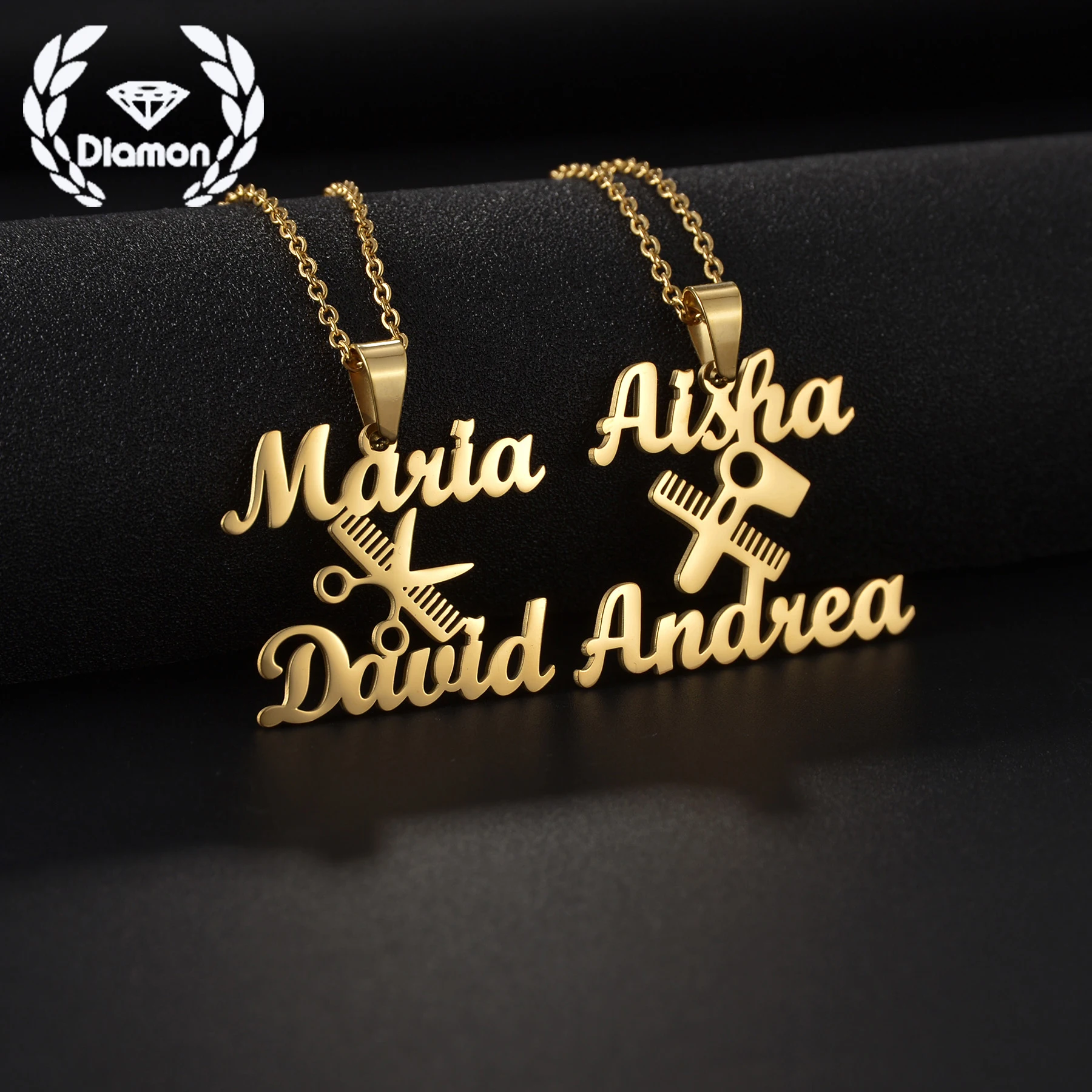 

Diamon Personalized 1-2 Names Hairstylist Necklace for Women Custom Scissors Nameplate Pendant Choker Stainless Steel Jewelry