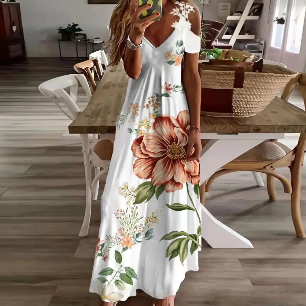 

Women Summer Dress 2022 Bohemian Maxi Dres Hollow Out Short Sleeve A-Line Dress Women Ankle Length Beach Robe