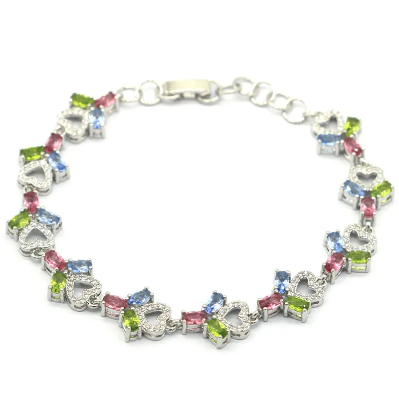 

18x11mm Multi Color 13g Green Peridot Violet Tanzanite Pink Tourmaline CZ Women Silver Bracelet 7.0-8.0inch or 6.5-7.5inch