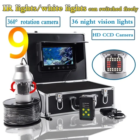 F08A Камера для подводной рыбалки HD 1000TVL 9-дюймовый цветной монитор с 36 шт. подсветкой Видеокамера ночного видения для рыбалки Кабель 200 м