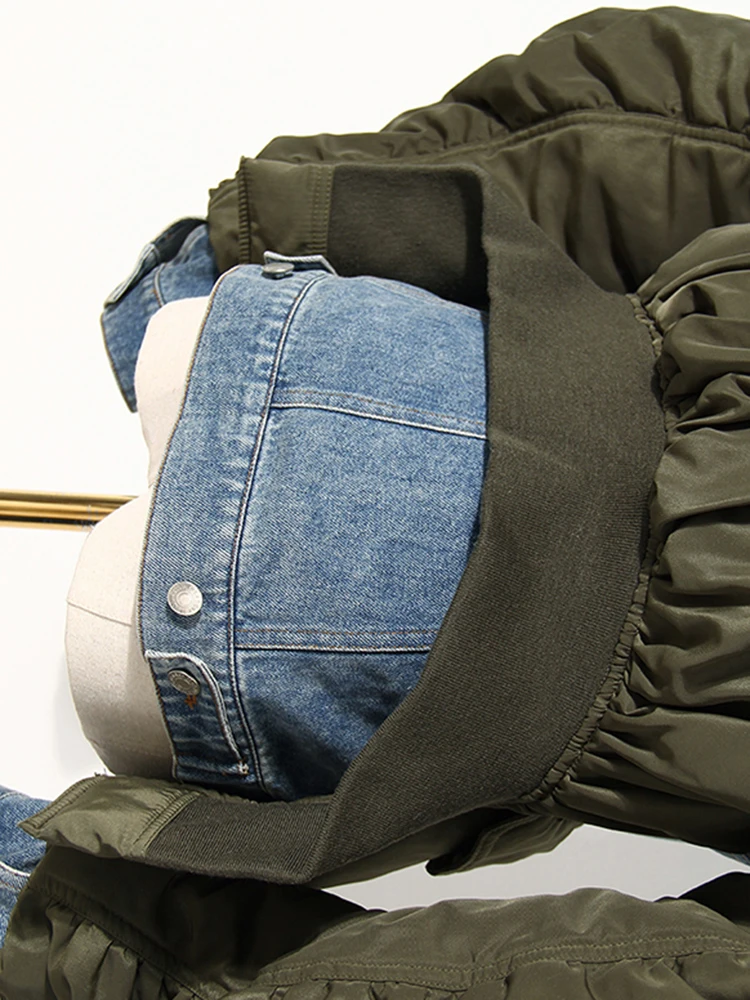 [EAM] свободная Зеленая джинсовая плиссированная куртка большого размера Новое