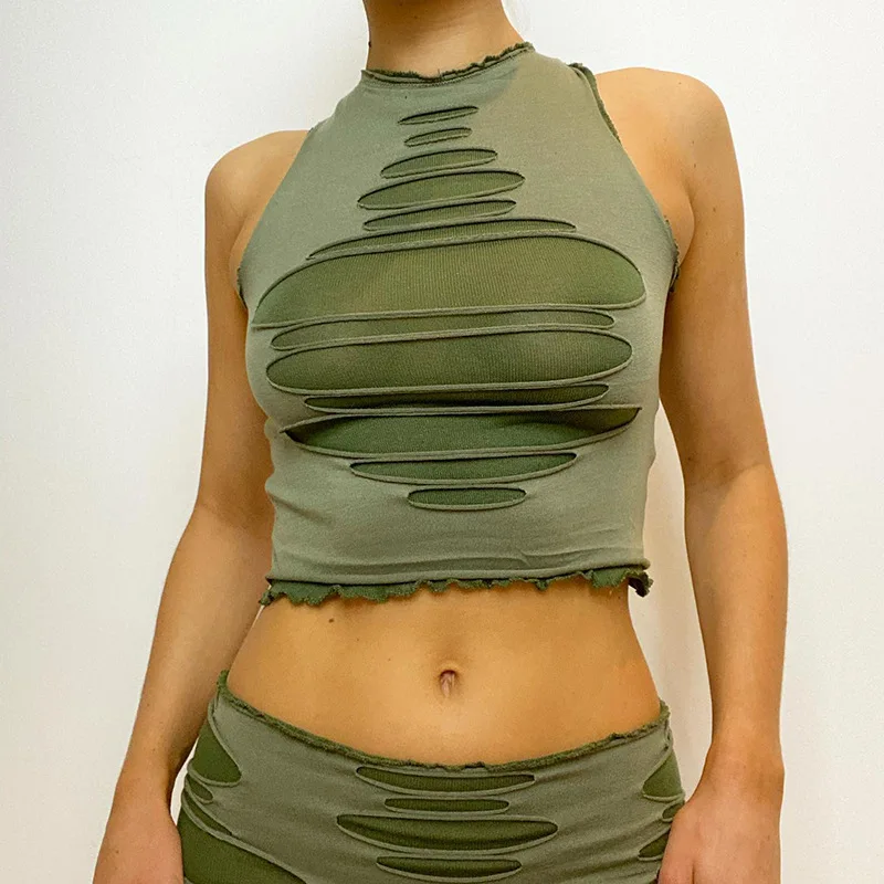 

Tops Women 2022 Patchwork Hollow Out Tank Tops Streetwear Fashion Sexy Women Corset Top Round Neck Sleeveless Casual Clothing