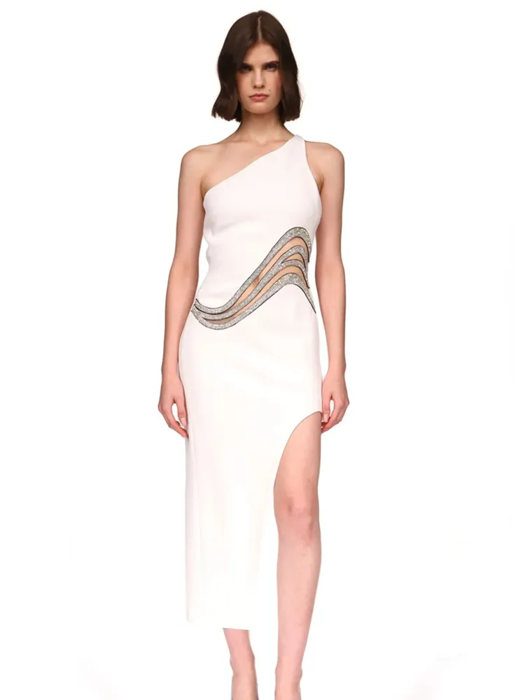 2023 New Summer Women Sexy One Shoulder Diamonds White Midi Bodycon Bandage Dress Elegant Evening Party Dresses