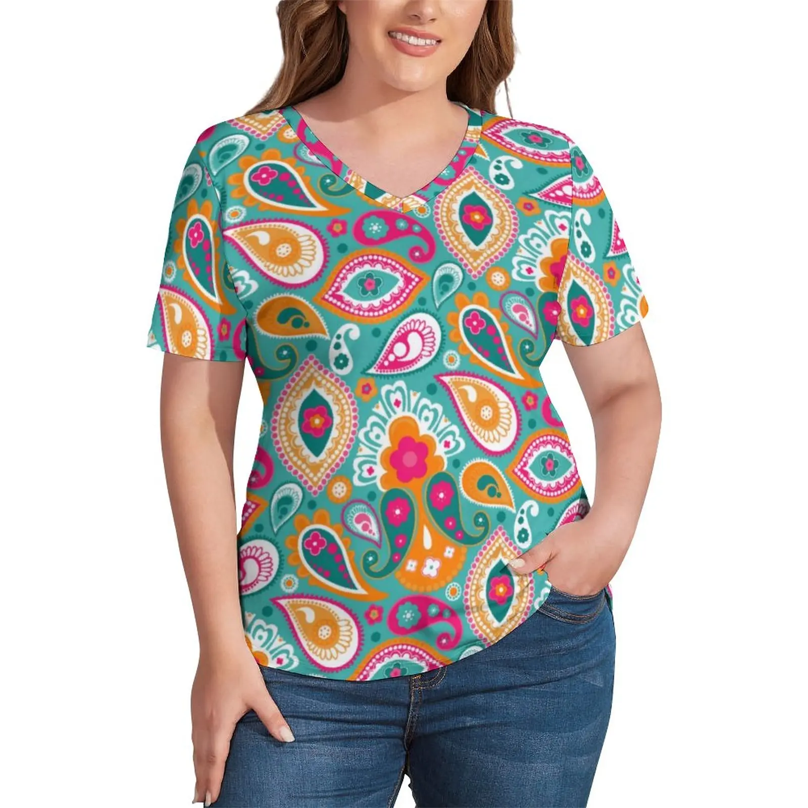 

Retro 60s Print T Shirts Paisley 70s Boho V Neck Street Fashion T Shirt Short-Sleeve Cool Tee Shirt Vintage Tees Plus Size 5XL