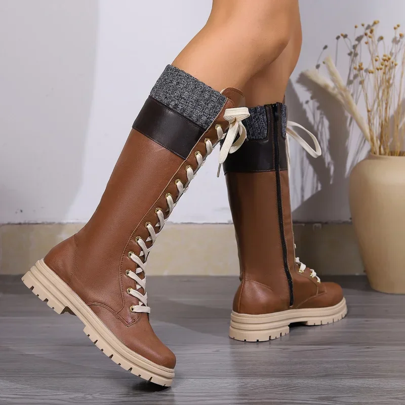 

High Tube Platform Western Boots for Women 2024 Autumn Winter New PU Leather Mid Calf Boots Woman Patchwork Non Slip Long Botas
