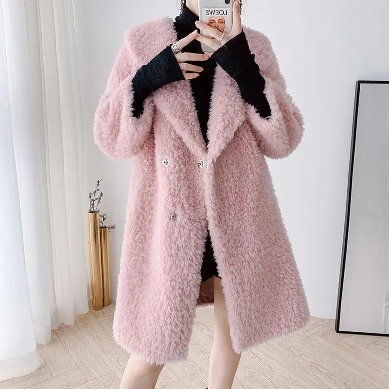High Quality Fur Coat Luxury Lambswool Coat Loose Lapel Overcoat Thick Warm  Female h Coats Winter Women X812