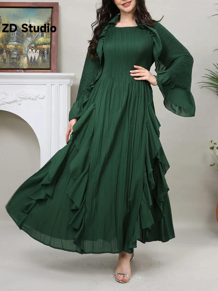 

[ZD Studio] Pleated Dress For Women Ruffles Long Sleeves Maxi Elegant Party Dresses With Belt 2023 Autumn New
