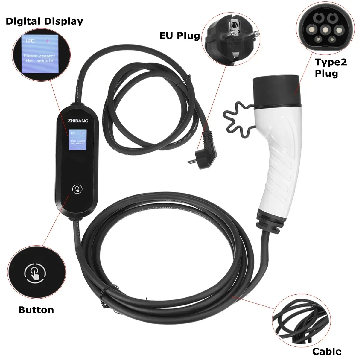 Тип 2 EVSE EV зарядное устройство Уровень 16 А портативное электрическое