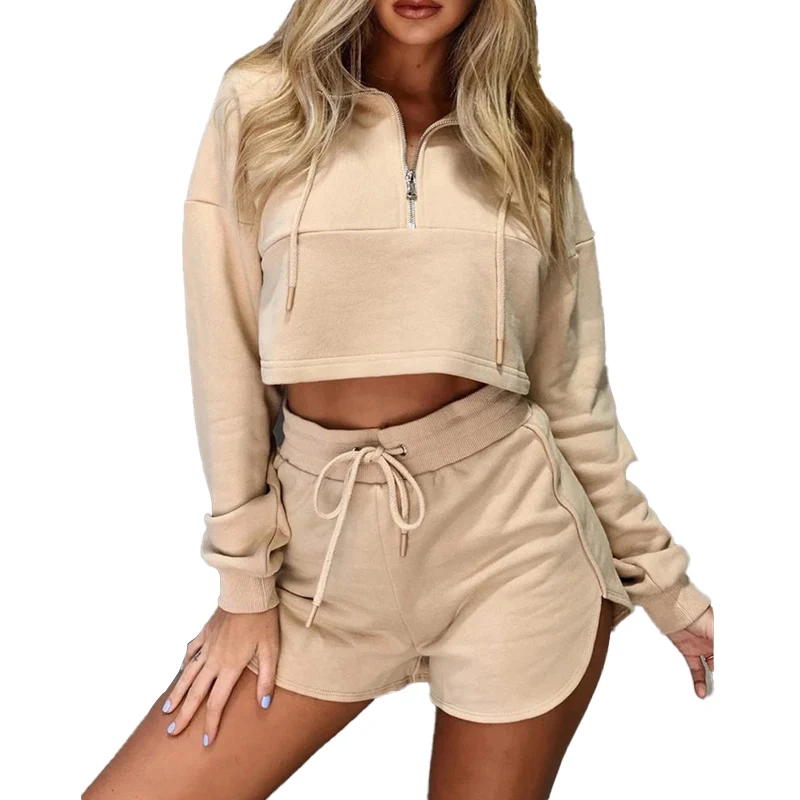 

Women Long Sleeve Zipper Design Tops Drawstring Shorts Set Solid Tracksuits 2 Pieces Set Running Gym Clothes
