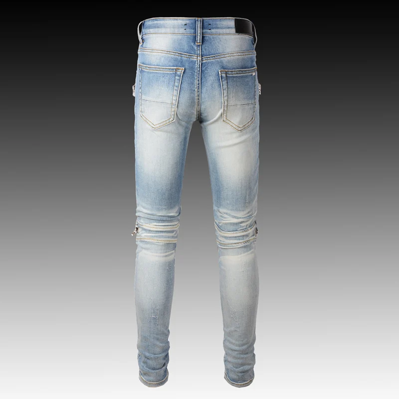 Streetwear Fashion Men Jeans Retro Blue Elastic Slim Fit Ripped Jeans Men Spliced Designer Hip Hop Denim Biker Pants Hombre