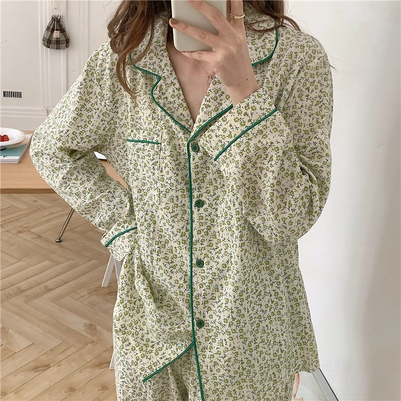 

spring autumn women long sleeved chic pure cotton pajamas set fashion floral print home set pjs pyjamas loose female pjs L190