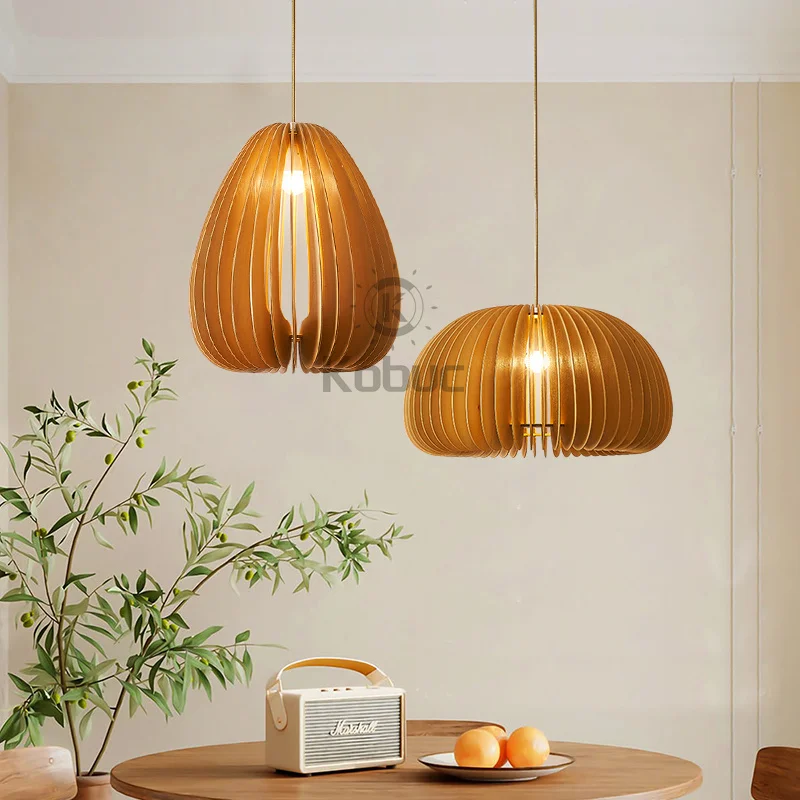 Kobuc Modern Wood Ceiling Pendant Lamps 3 Types Japanese Pendant Light Wooden E27 Holder Kitchen Dining Room Decoration Lighting