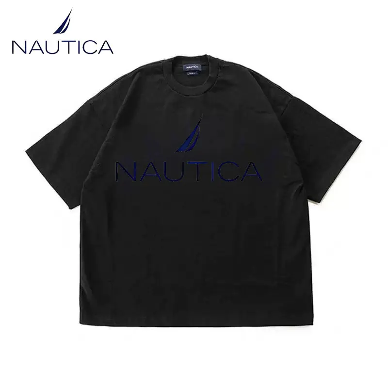 Фото Женская хлопковая футболка Nautica с коротким рукавом, однотонная, свободного кроя, повседневная, парная модель, с круглым вырезом, с коротким рукавом №4