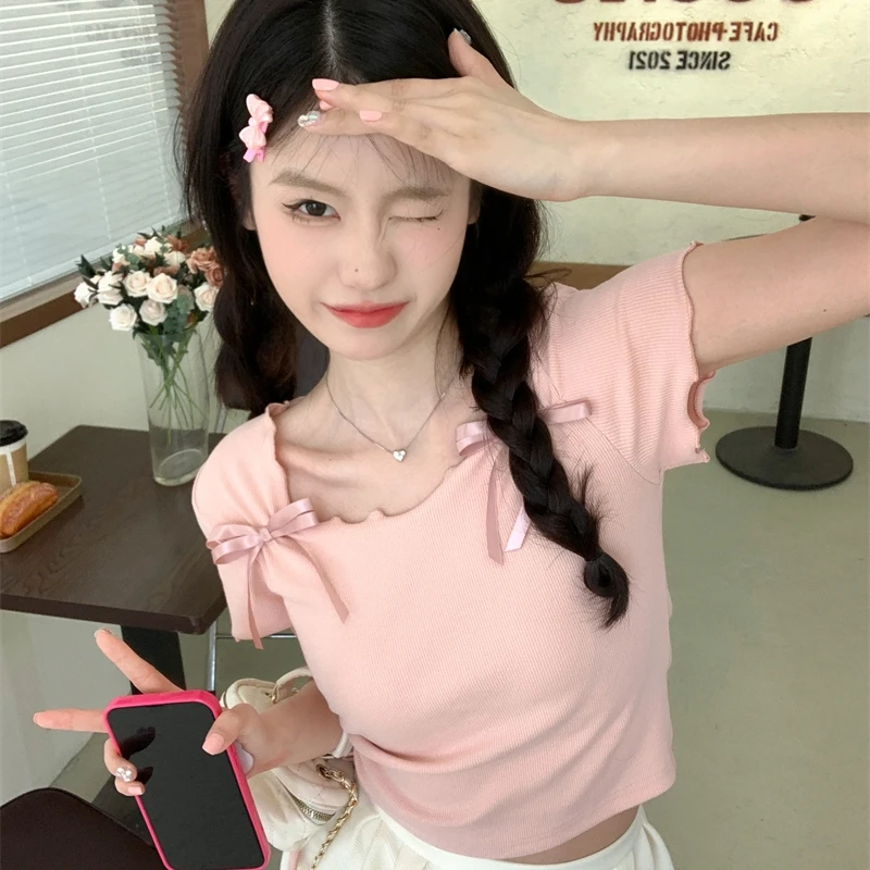 

Женская футболка с квадратным вырезом, универсальная Приталенная футболка с коротким рукавом и завязкой-бантом, весна 2023