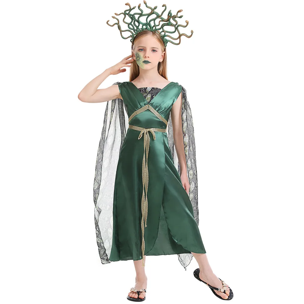 Umorden Gorgon Medusa Costume for Kids Child Girls Greek Myth Snake Hydra Head Band Green Dress Halloween Carnival Party Cosplay