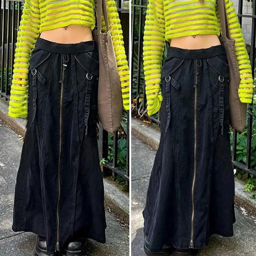 Женская джинсовая юбка-макси на молнии, эластичная трапециевидная юбка с косыми карманами и шнуровкой, юбка-годе с завышенной талией, уличная одежда, 2023
