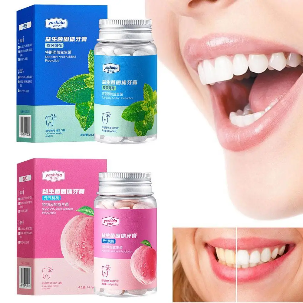 

Probiotic Solid Toothpaste Tablets Peach/Mint Flavors Teeth Whitening Charcoal Remove Smoke Stains Bad Breath Fresh Mouthwash