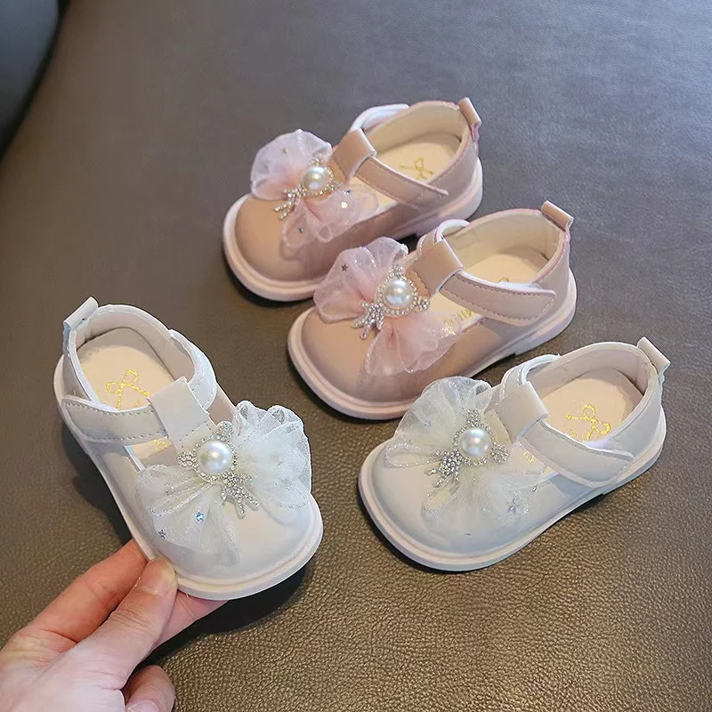 Congme Baby Girls Leather Shoes Newborn Kids Bow Flat Shoes Princess Shoes Birthday Gift Anti-slip Dress Shoes