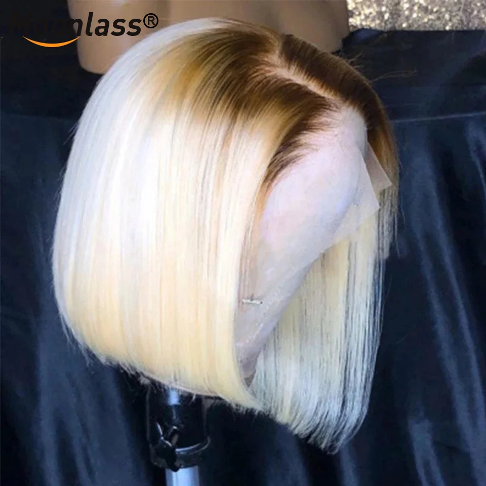 

T4 613 Ombre Colored 13x4 Lace Frontal Human Hair Wigs Blonde 613 Brazilian Straight Bob Lace Front Wigs HD Trasnparent Lace Wig