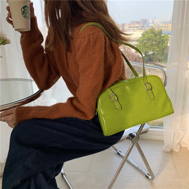 

Green PU Leather Shoulder Bag for Women Large Capacity Ladies Purse Handbag Vintage Design Ladies Small Daily Tote Underarm Bags