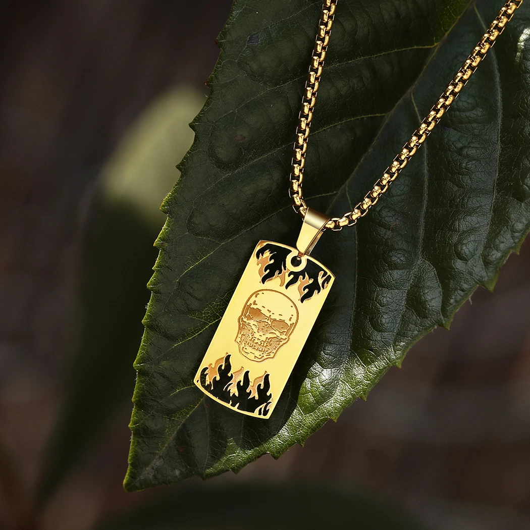

Chandler Skull Dog Tag Pendant Skull Necklace Skull and Flames Stainless Steel Necklaces for Men and Women