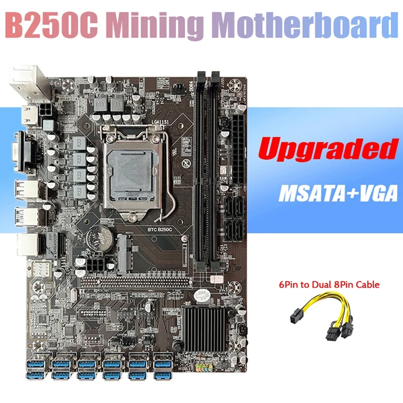 

B250C BTC Mining Motherboard+6Pin to Dual 8Pin Cable 12XPCIE to USB3.0 Graphics Card Slot LGA1151 DDR4 Miner Motherboard
