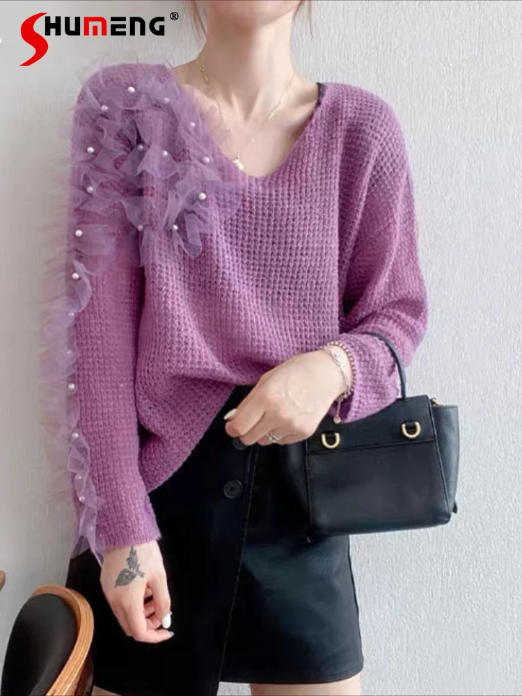 

Streetwear Woman Pearl Purple Mesh Beads Sweater 2022 Fall New Women's Fashion Loose Long Sleeve Knitted Bottoming Shirt Jumper