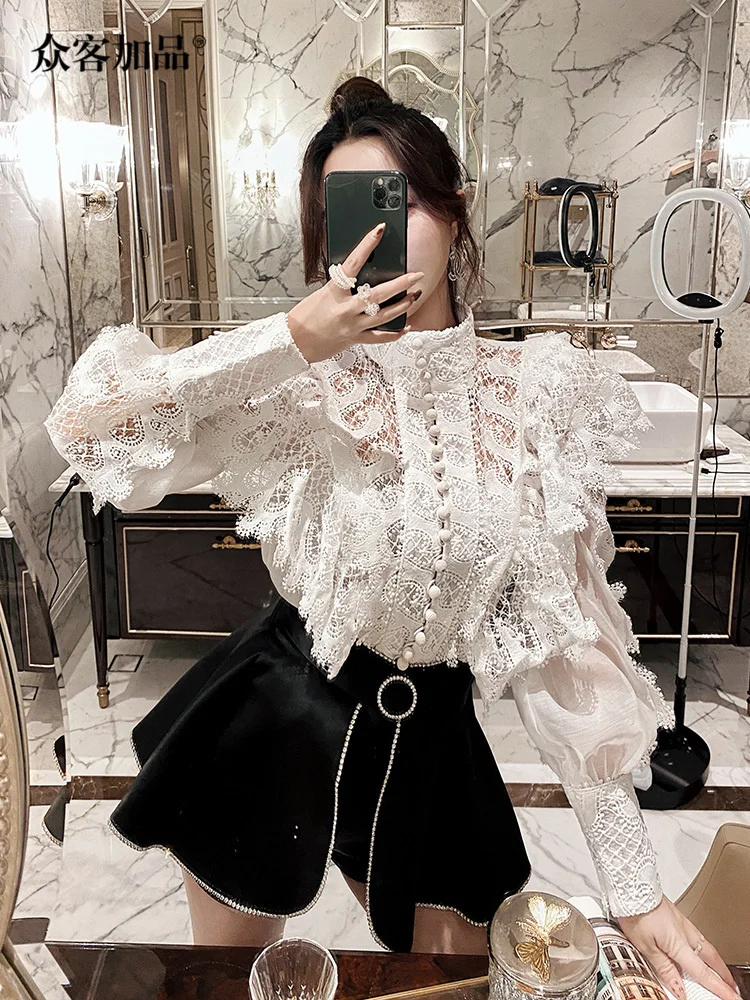 2021 Autumn White Shirt Women's Bubble Sleeve Lace Fairy Two Piece Western Skirt Casual Fashion Set