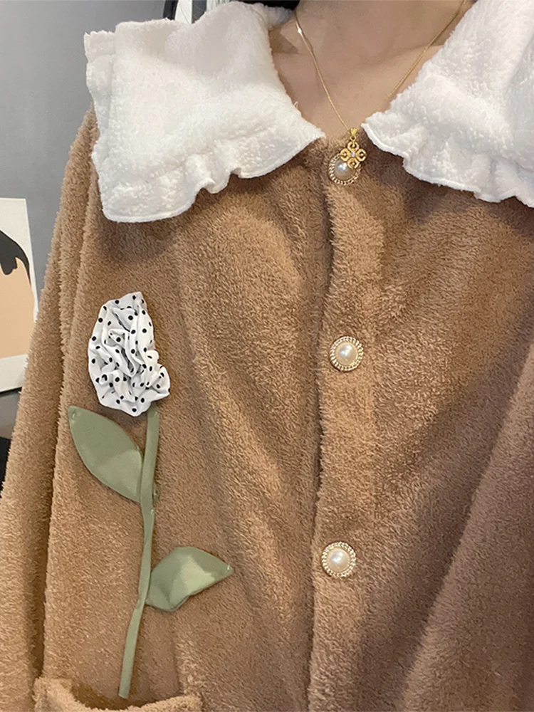 Autumn and Winter Soft Nightdress Coral Fleece Thickened Long dress Pajamas Women Half Velvet Fleece-lined Can Be Worn outsid...