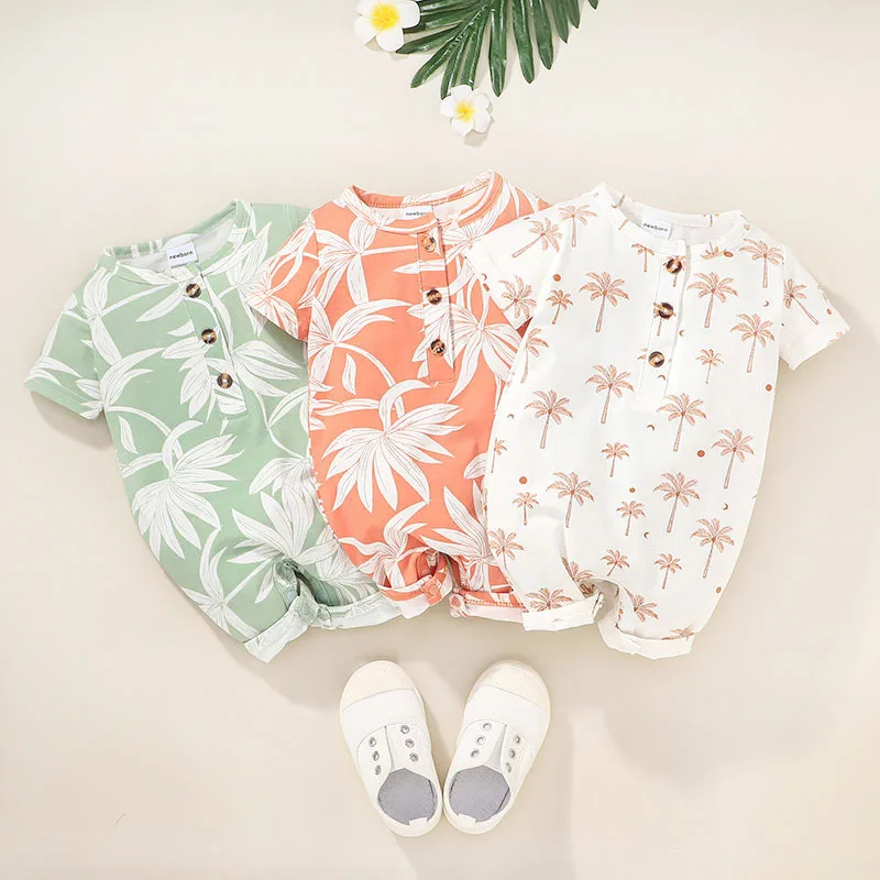 All Over Tree Print Short-sleeve Baby Jumpsuit Hawail Holiday Style  Romper  Baby Boy Clothing  Baby Boy Knitted Clothing