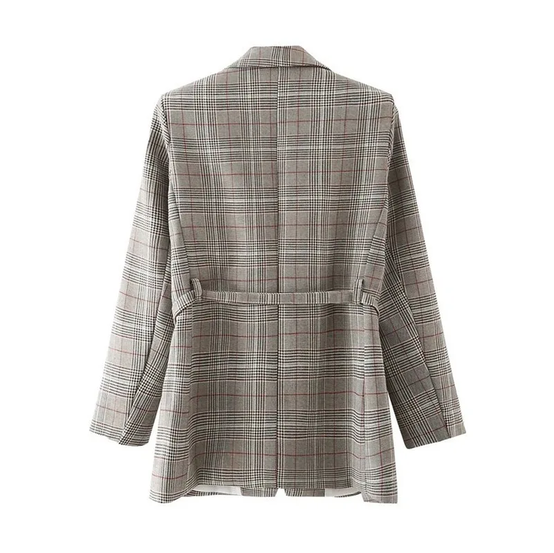 Buttonless Plaid Blazer Suit with Free Sashes 2021 Women Lace Up Office Blazers Fashion New Casual Commute Suit with Free Belt