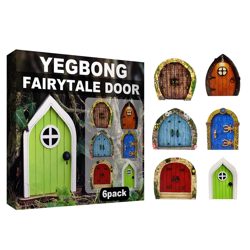 

6Pcs/set Miniature Fairy Gnome Door Window Statues Wood Elf Fairy Door Figurines for Yard Art Tree Sculpture Fairy Garden Decor