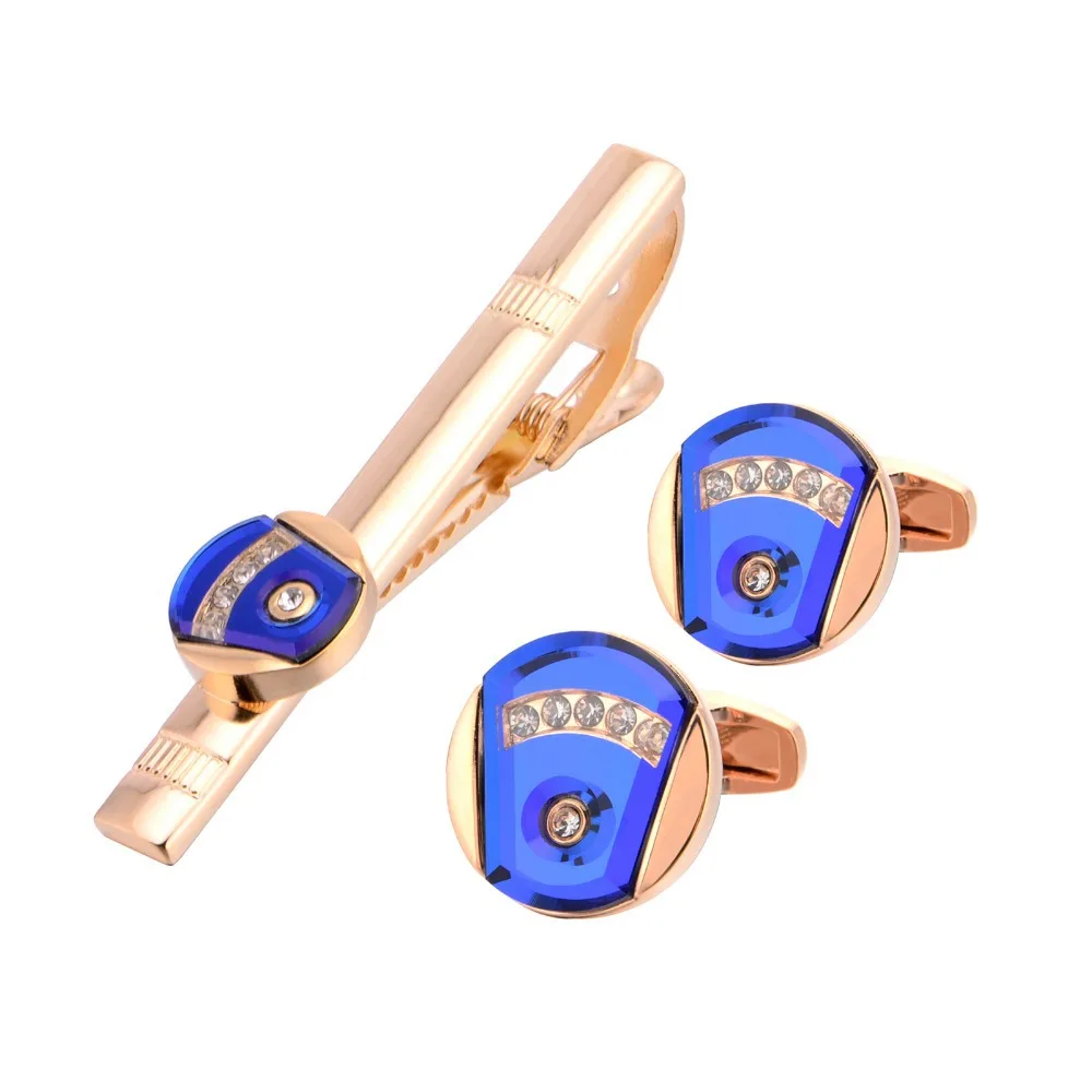 

Round Blue Crystal Cufflinks Tie Clip Rose Gold Set Men's French Cufflinks Tie Clip Men Wedding Business with Gift Box Jewelry