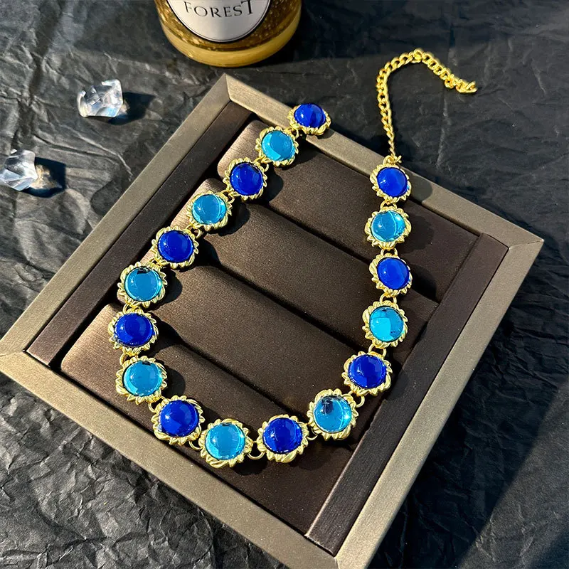 Medieval Retro Neckchain Necklace Vintage Big Blue Beaded Chain Choker Necklaces for Women French Necklace Collar Jewelry Party