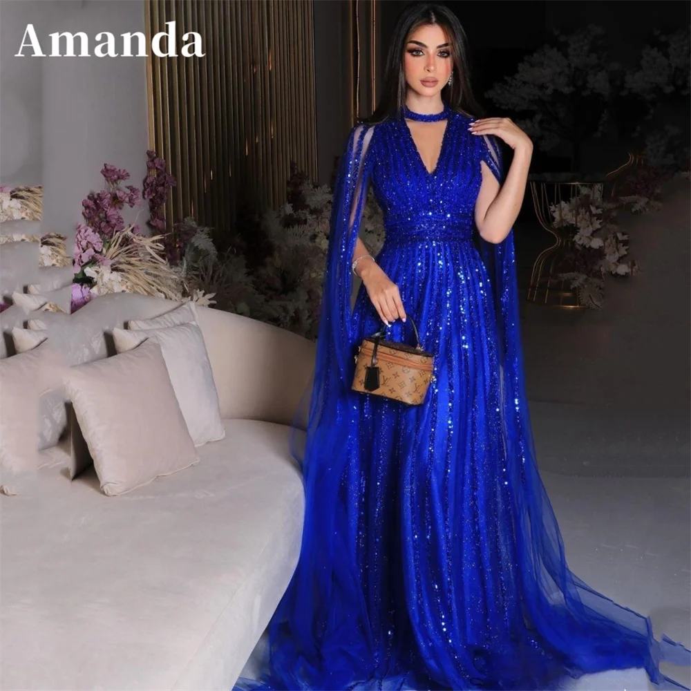 

Amanda Elegant Sapphire Blue Prom Dress 2023 Luxury Beading Cape Sleeve Vestidos De Noche Sexy V-neck فساتين مناسبة رسمية