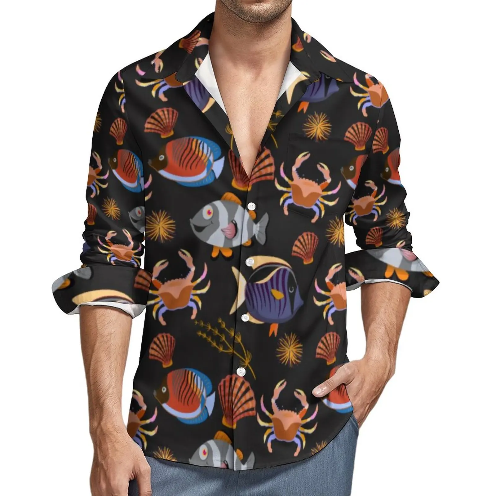 

Aquatic Animal Funny Casual Shirt Male Ocean Life Print Shirt Autumn Trending Blouses Long Sleeve Pattern Oversize Clothing
