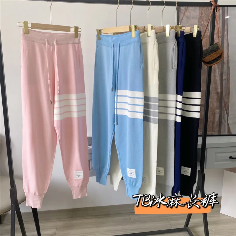 Spring and summer tb college style contrast color striped leggings classic knitted ice silk four-bar small foot sports pants