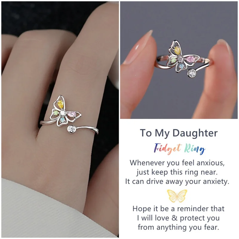 

To My Daughter Butterfly Hollow Colorful Zircon Rings With Card for Women Girls Birthday Christmas Gift Aesthetic Vintage Ring