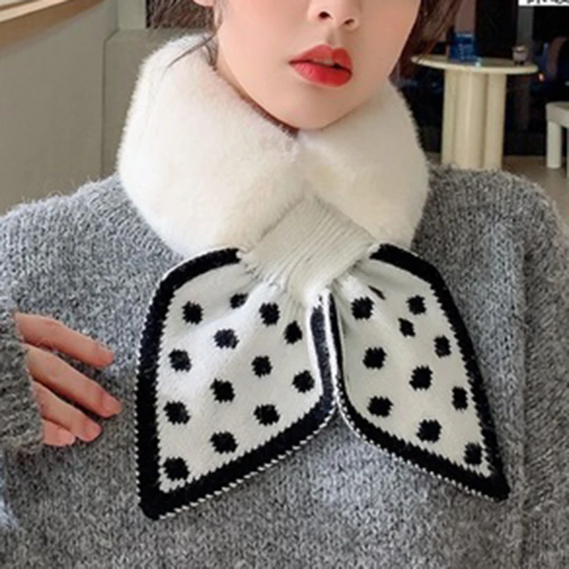 

Winter Faux Rabbit Fur Neck Collar Scarves Dot Printed Knitted Scarf Cross Small Neckerchief Plush Scarf For Lady High Quality